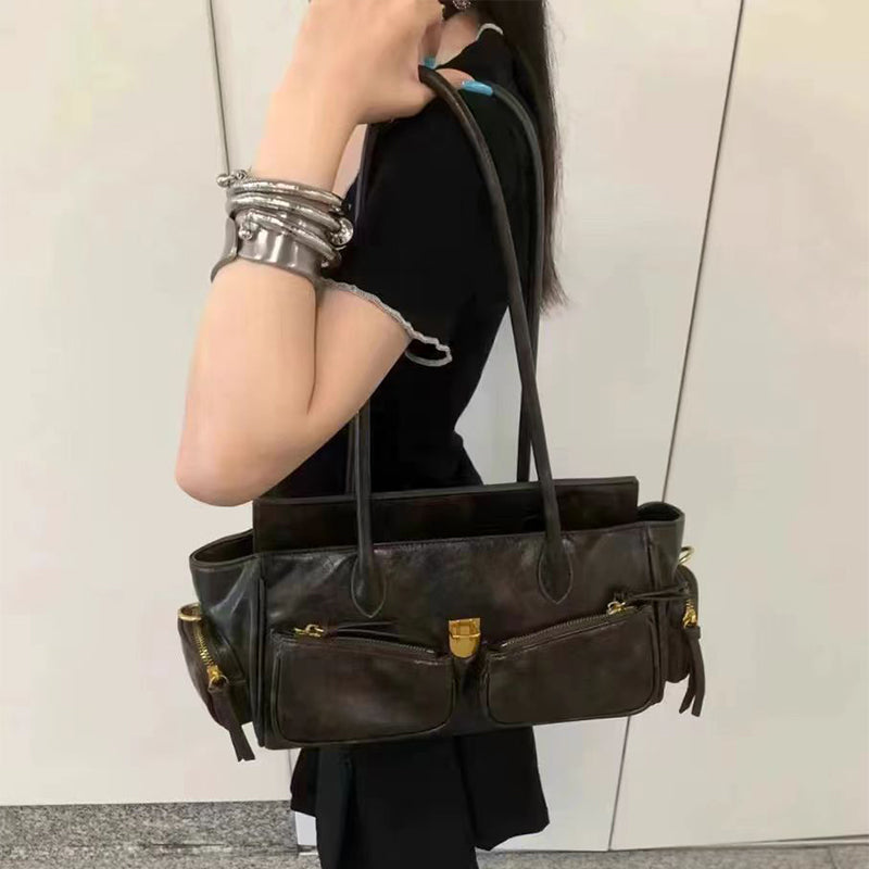 Vvsha Vintage Underarm Bag For Girl Versatile Handbag Multi-pocket Motorcycle Bag Luxury Designer Handbag Spaghetti Strap Leather Bag