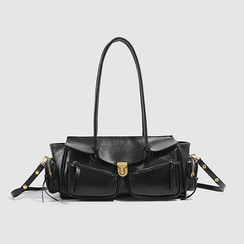 Vvsha Vintage Underarm Bag For Girl Versatile Handbag Multi-pocket Motorcycle Bag Luxury Designer Handbag Spaghetti Strap Leather Bag