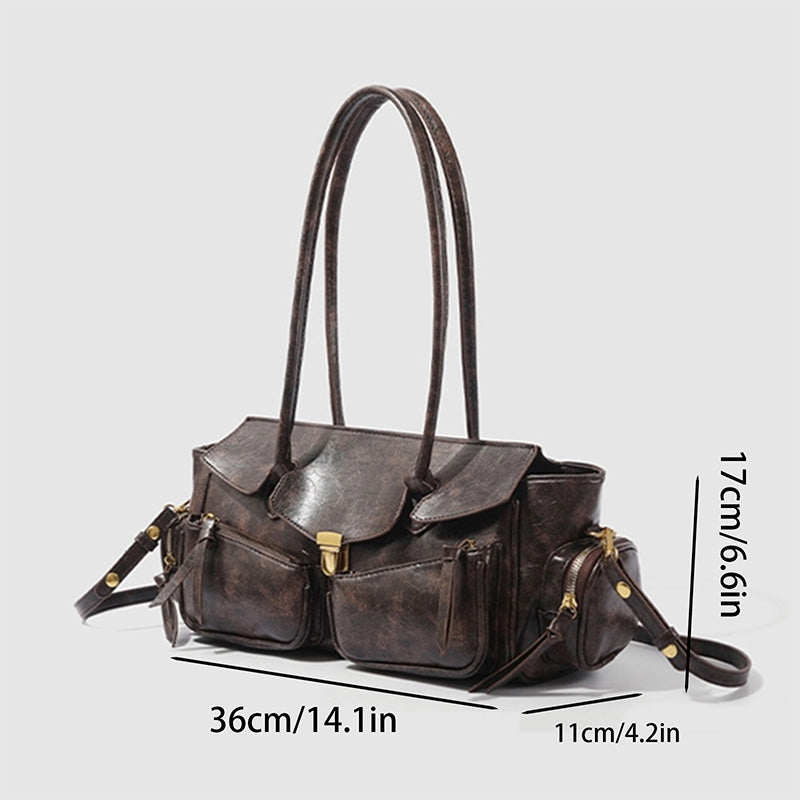 Vvsha Vintage Underarm Bag For Girl Versatile Handbag Multi-pocket Motorcycle Bag Luxury Designer Handbag Spaghetti Strap Leather Bag