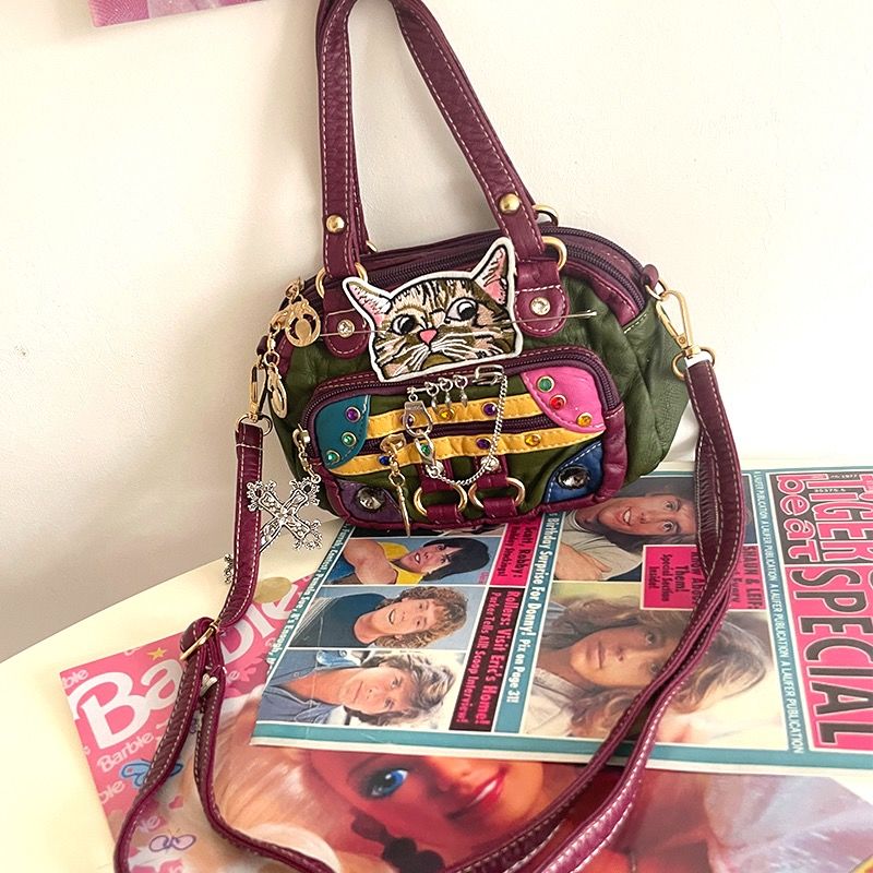 Vvsha Retro Vintage Japanese Y2k Babes Personalized Women's Bag Cute Kawaii Cat Soft Leather Handbag Handbag Side Bag for Ladies