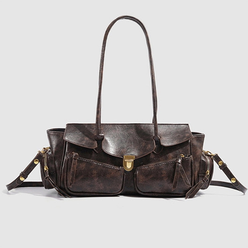 Vvsha Vintage Underarm Bag For Girl Versatile Handbag Multi-pocket Motorcycle Bag Luxury Designer Handbag Spaghetti Strap Leather Bag