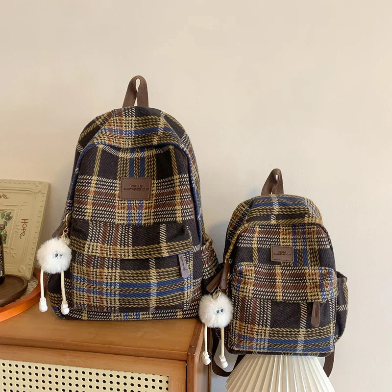 Vvsha 2025 Fashion Plaid Woollen Women Backpack Student Book Bag Backpack for Teenage Girls School Bags Large Capacity Travel Rucksack