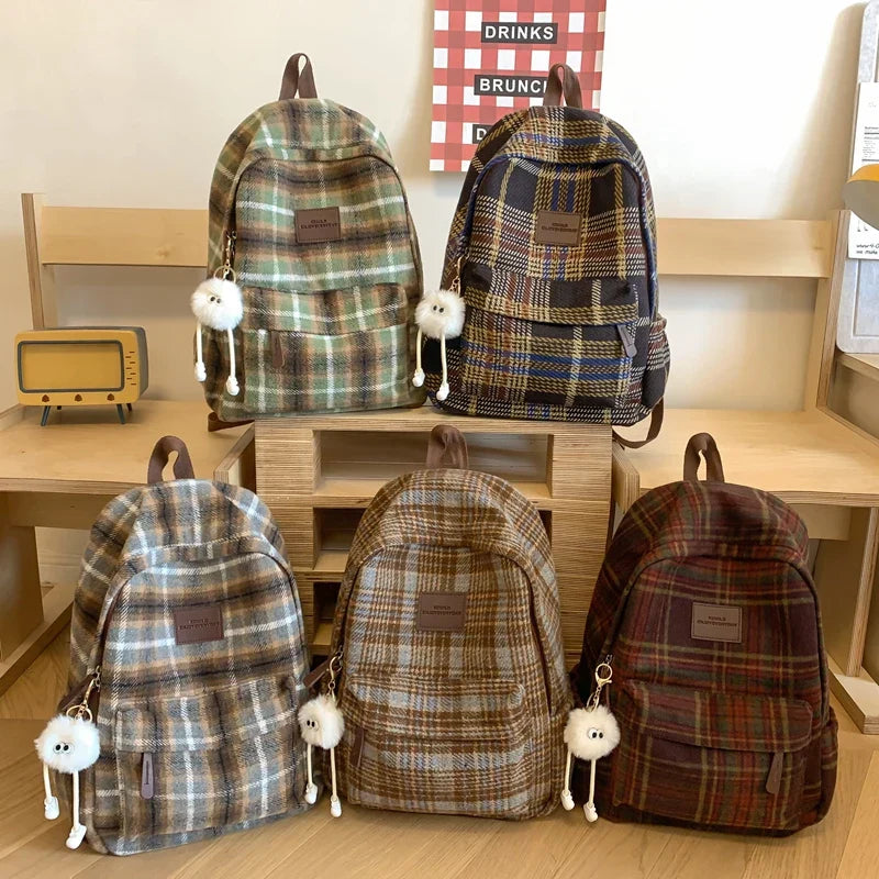 Vvsha 2025 Fashion Plaid Woollen Women Backpack Student Book Bag Backpack for Teenage Girls School Bags Large Capacity Travel Rucksack