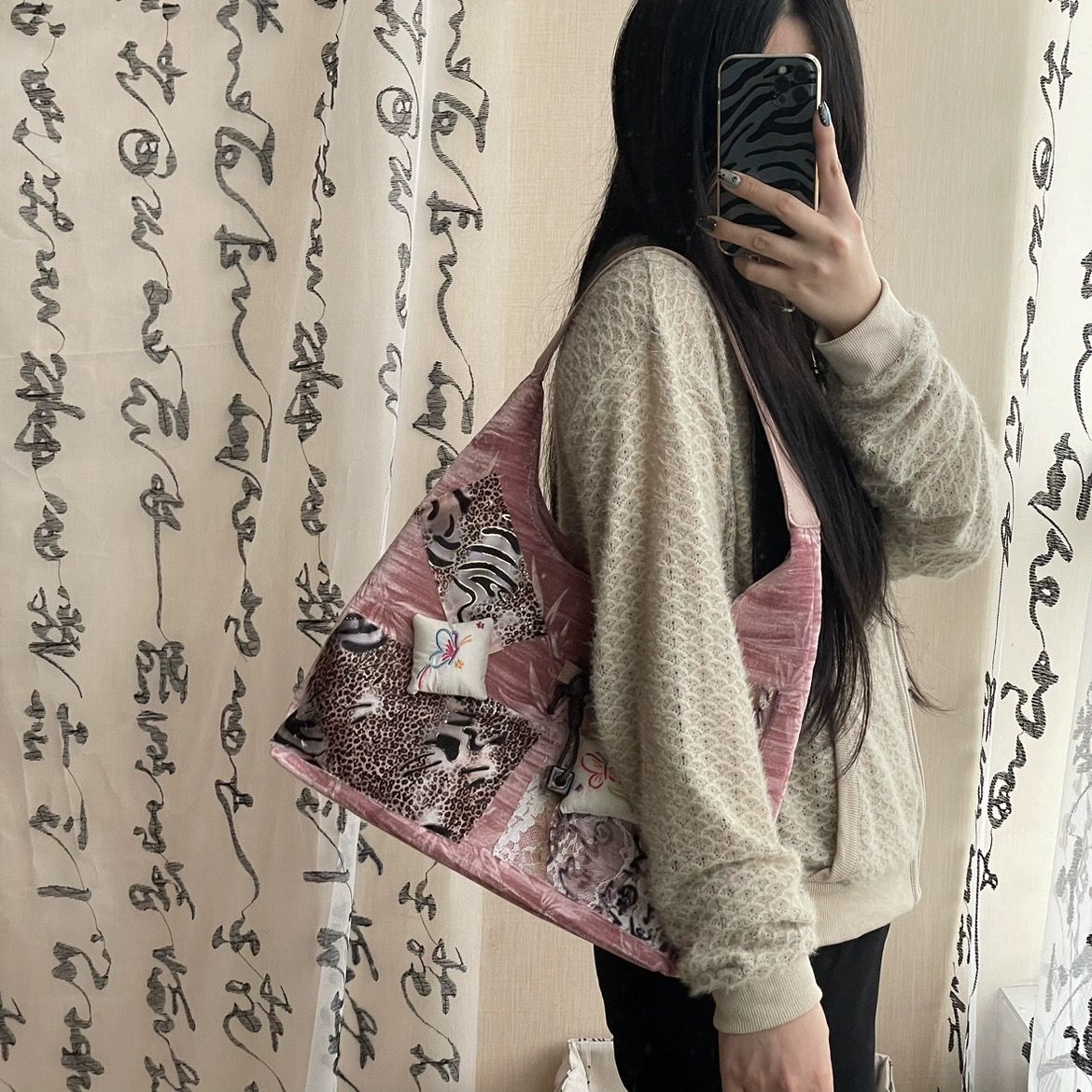 Vvsha Retro Fashion Patchwork Velvet Butterfly Leopard Print Handbag Shoulder Bags Large Capacity Storage Bag Women's Bag Purse