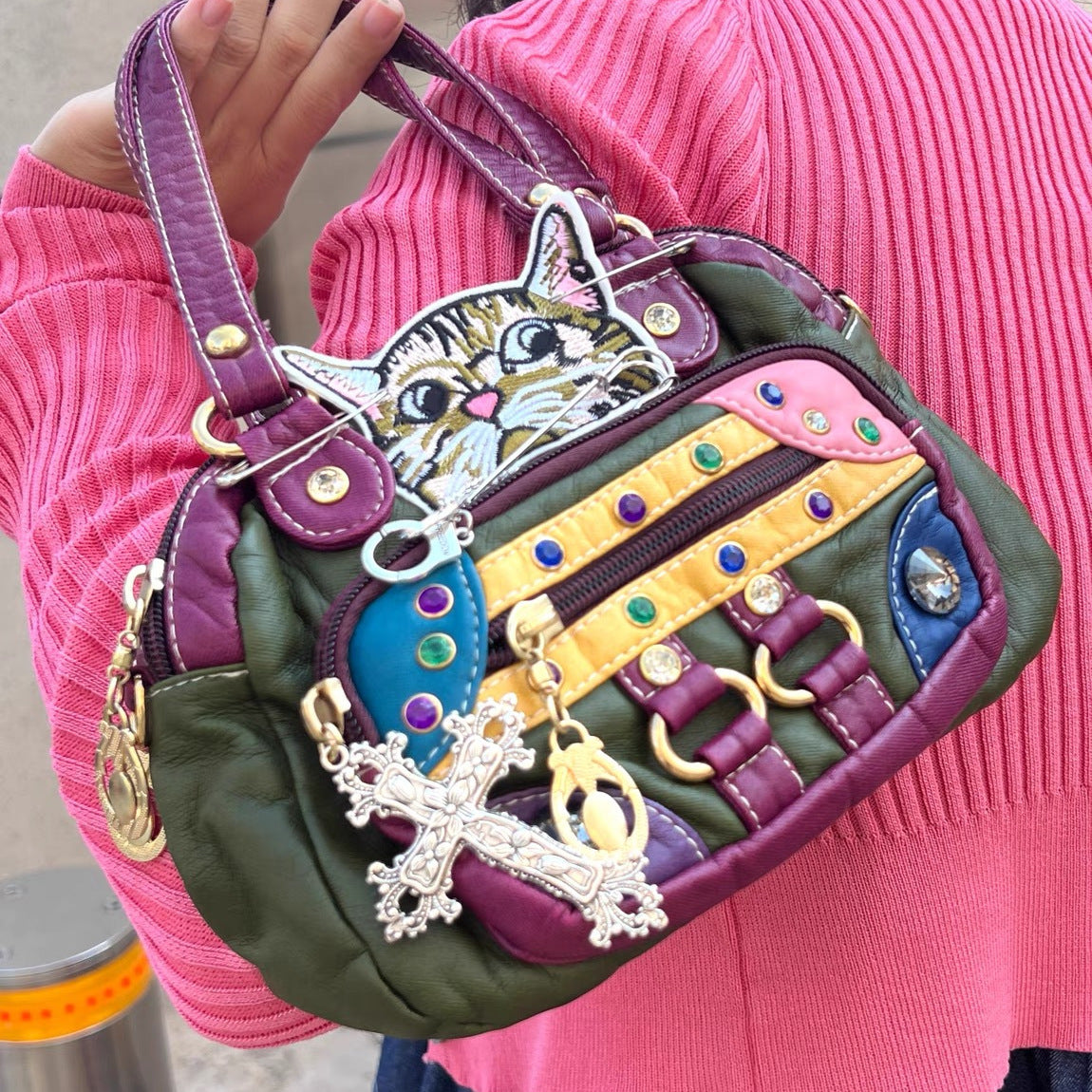 Vvsha Retro Vintage Japanese Y2k Babes Personalized Women's Bag Cute Kawaii Cat Soft Leather Handbag Handbag Side Bag for Ladies