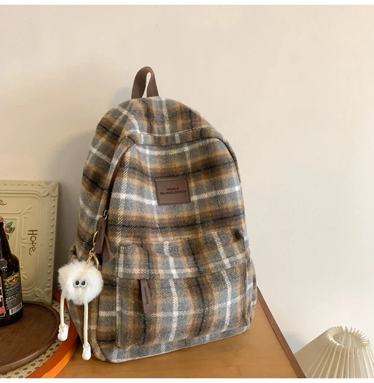 Vvsha 2025 Fashion Plaid Woollen Women Backpack Student Book Bag Backpack for Teenage Girls School Bags Large Capacity Travel Rucksack