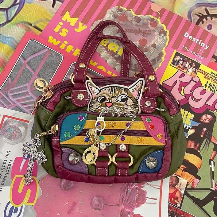 Vvsha Retro Vintage Japanese Y2k Babes Personalized Women's Bag Cute Kawaii Cat Soft Leather Handbag Handbag Side Bag for Ladies