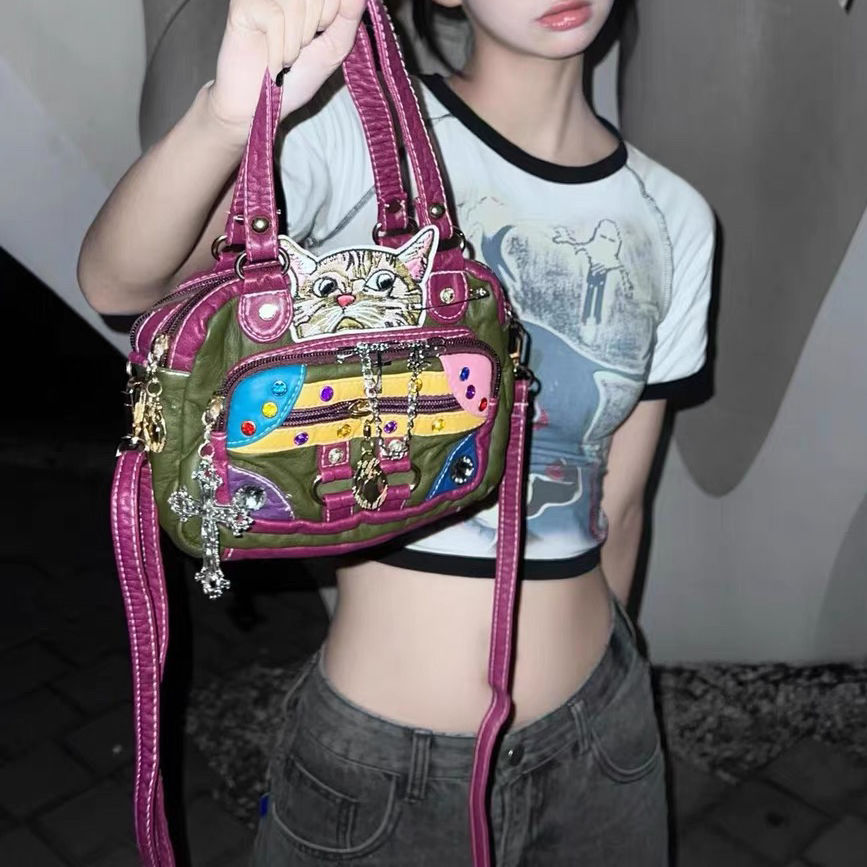 Vvsha Retro Vintage Japanese Y2k Babes Personalized Women's Bag Cute Kawaii Cat Soft Leather Handbag Handbag Side Bag for Ladies