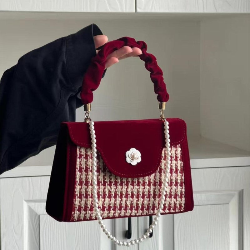 Vvsha Vintage Red Velvet Handbag Purse Women Wedding Pearl Handle Square Messenger Bag Female Casual Crossbody Bags 2025 New
