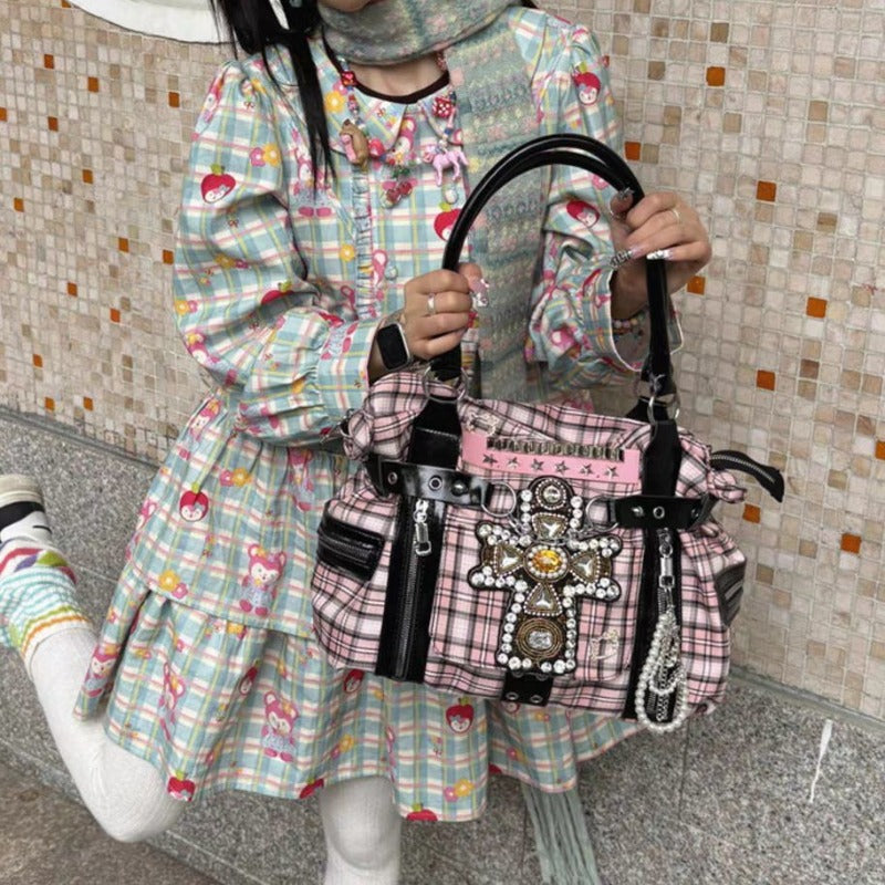Vvsha MBTI Y2k Womens Tote Bag Aesthetic Plaid Fashion Punk Large Capacity Shoulder Bag Rivets Literary Original Harajuku New Handbag