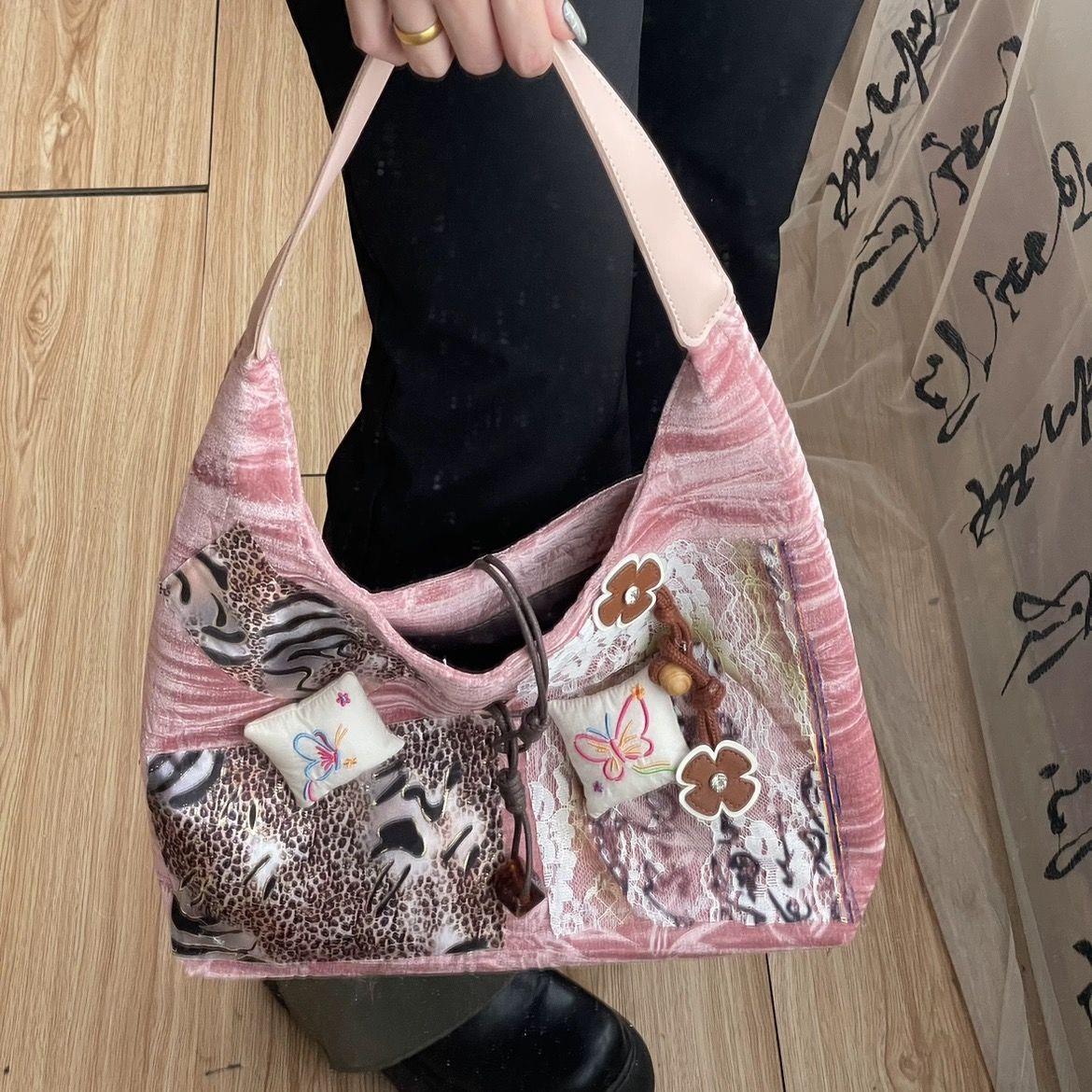 Vvsha Retro Fashion Patchwork Velvet Butterfly Leopard Print Handbag Shoulder Bags Large Capacity Storage Bag Women's Bag Purse