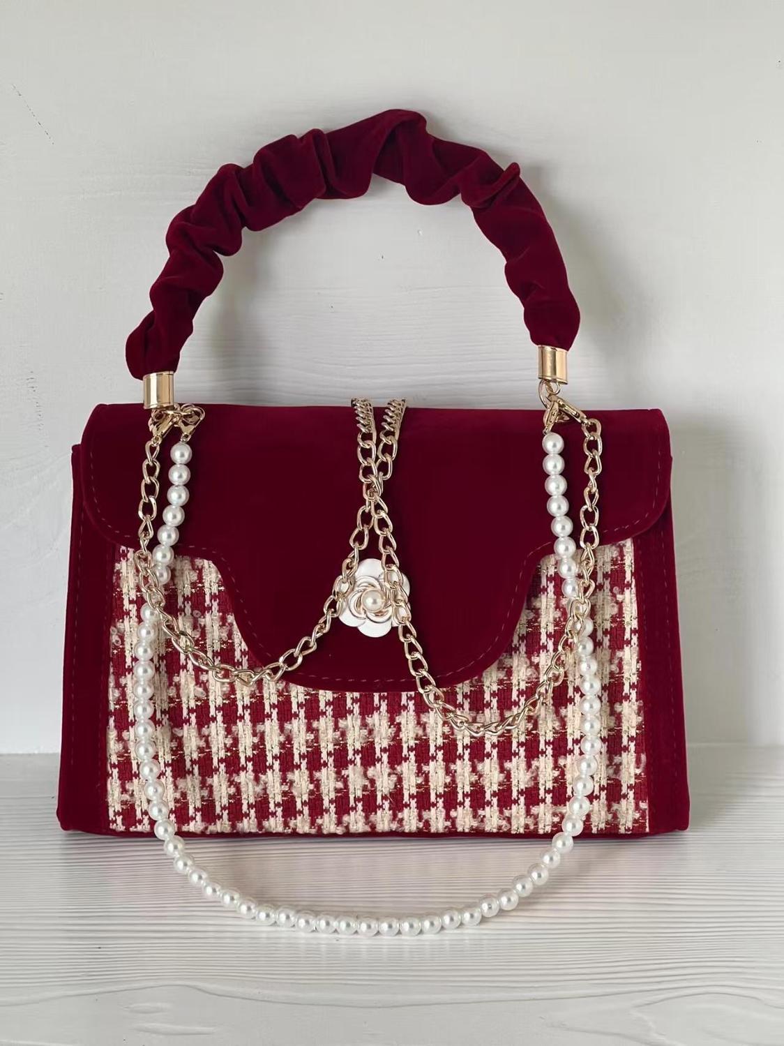 Vvsha Vintage Red Velvet Handbag Purse Women Wedding Pearl Handle Square Messenger Bag Female Casual Crossbody Bags 2025 New