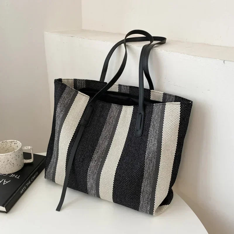 Vvsha Raffia Summer Bags for Woman 2025 Stripe Designer Shoulder Crossbody Shopper Storage Bag Women Casual Canvas Handbag Tote Bag