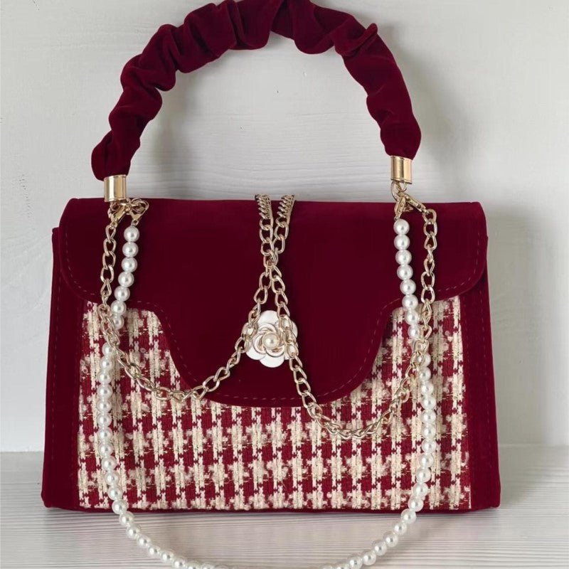 Vvsha Vintage Red Velvet Handbag Purse Women Wedding Pearl Handle Square Messenger Bag Female Casual Crossbody Bags 2025 New