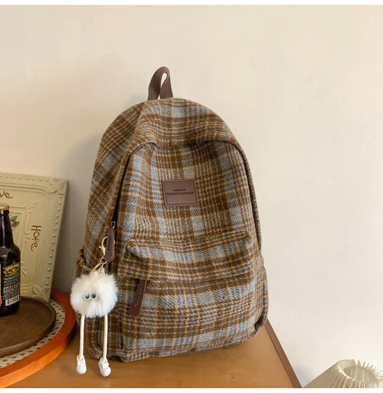 Vvsha 2025 Fashion Plaid Woollen Women Backpack Student Book Bag Backpack for Teenage Girls School Bags Large Capacity Travel Rucksack