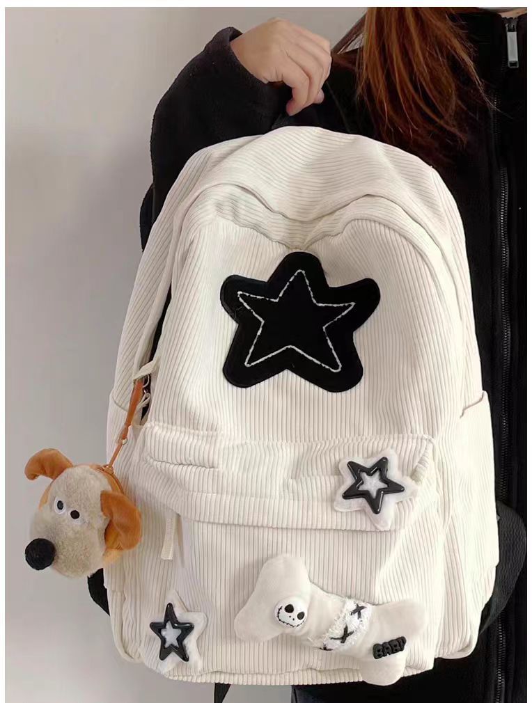 Vvsha Teen Student Large Capacity School Bookbag Y2K Girls Star Pattern Laptop Backpack Corduroy Rucksack Double Strap Shoulder Bag