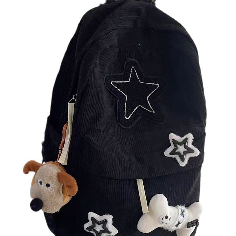 Vvsha Teen Student Large Capacity School Bookbag Y2K Girls Star Pattern Laptop Backpack Corduroy Rucksack Double Strap Shoulder Bag