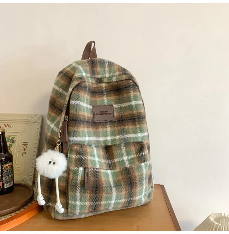 Vvsha 2025 Fashion Plaid Woollen Women Backpack Student Book Bag Backpack for Teenage Girls School Bags Large Capacity Travel Rucksack