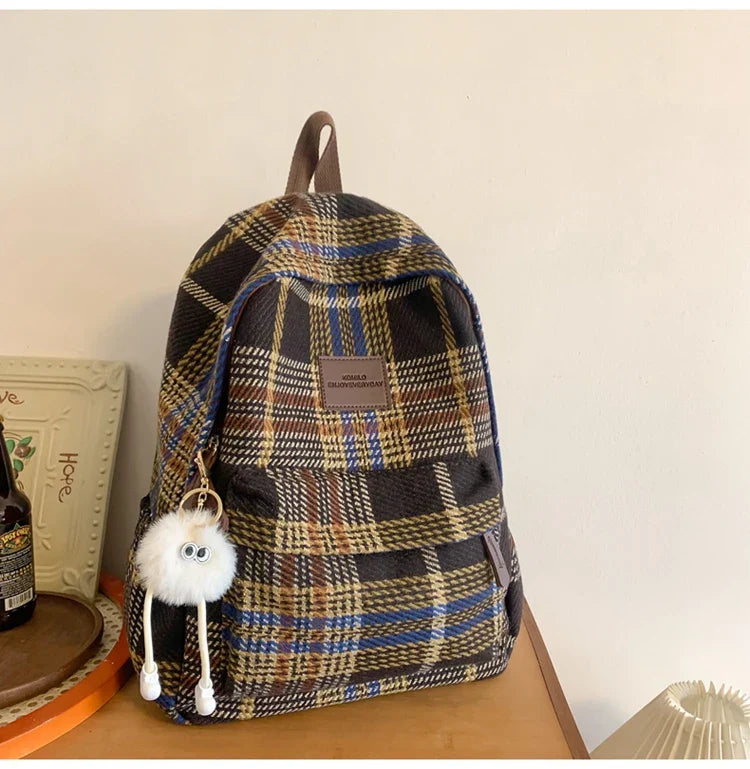 Vvsha 2025 Fashion Plaid Woollen Women Backpack Student Book Bag Backpack for Teenage Girls School Bags Large Capacity Travel Rucksack