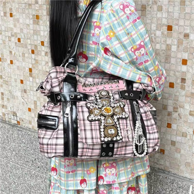 Vvsha MBTI Y2k Womens Tote Bag Aesthetic Plaid Fashion Punk Large Capacity Shoulder Bag Rivets Literary Original Harajuku New Handbag