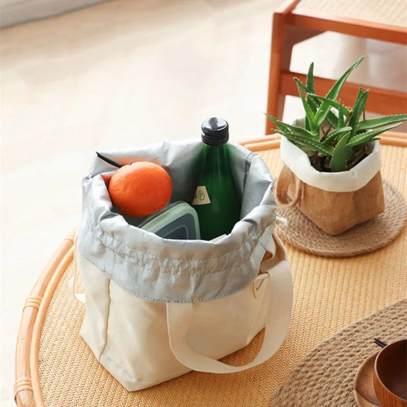 Vvsha Drawstring Canvas Insulated Lunch Bag Thicken Aluminium Foil Thermal Bento Box Tote Cooler Handbags Picnic Food Dinner Container