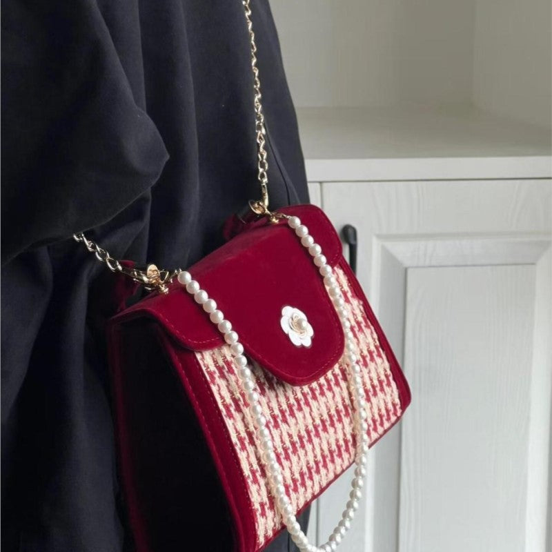 Vvsha Vintage Red Velvet Handbag Purse Women Wedding Pearl Handle Square Messenger Bag Female Casual Crossbody Bags 2025 New