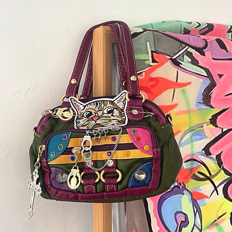 Vvsha Retro Vintage Japanese Y2k Babes Personalized Women's Bag Cute Kawaii Cat Soft Leather Handbag Handbag Side Bag for Ladies