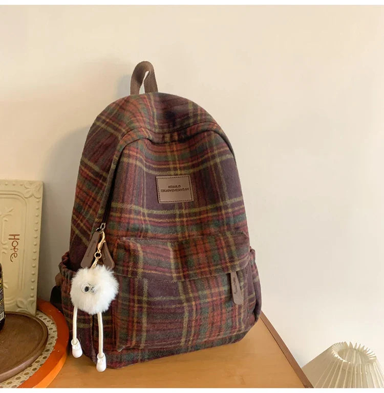 Vvsha 2025 Fashion Plaid Woollen Women Backpack Student Book Bag Backpack for Teenage Girls School Bags Large Capacity Travel Rucksack