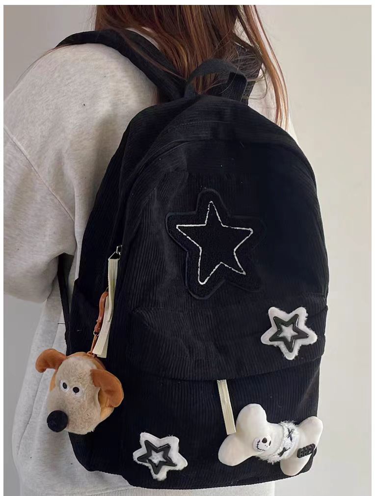 Vvsha Teen Student Large Capacity School Bookbag Y2K Girls Star Pattern Laptop Backpack Corduroy Rucksack Double Strap Shoulder Bag
