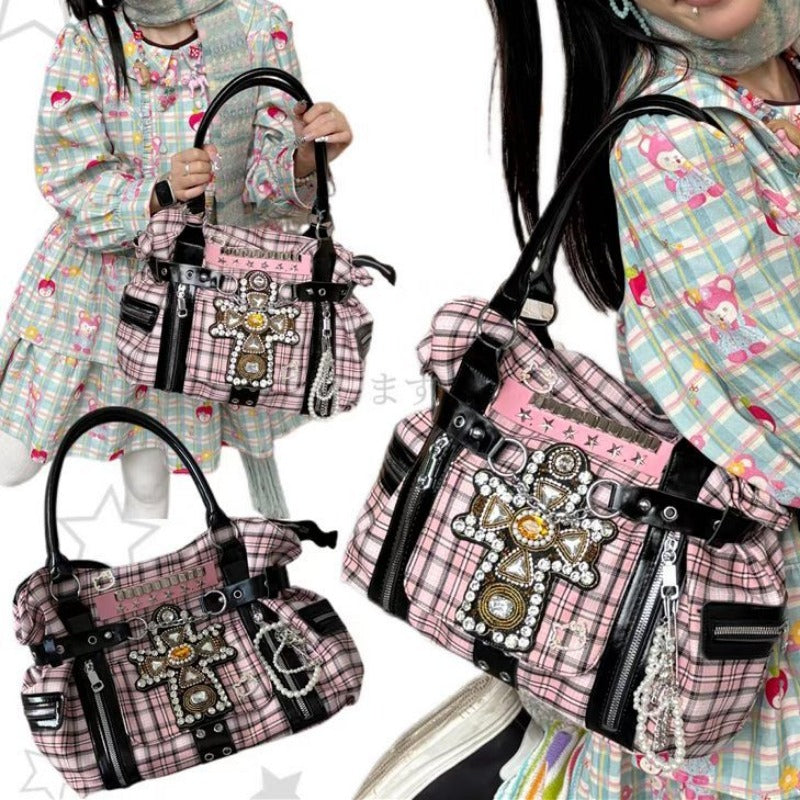 Vvsha MBTI Y2k Womens Tote Bag Aesthetic Plaid Fashion Punk Large Capacity Shoulder Bag Rivets Literary Original Harajuku New Handbag