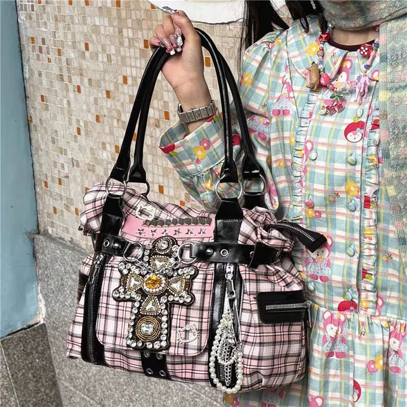 Vvsha MBTI Y2k Womens Tote Bag Aesthetic Plaid Fashion Punk Large Capacity Shoulder Bag Rivets Literary Original Harajuku New Handbag