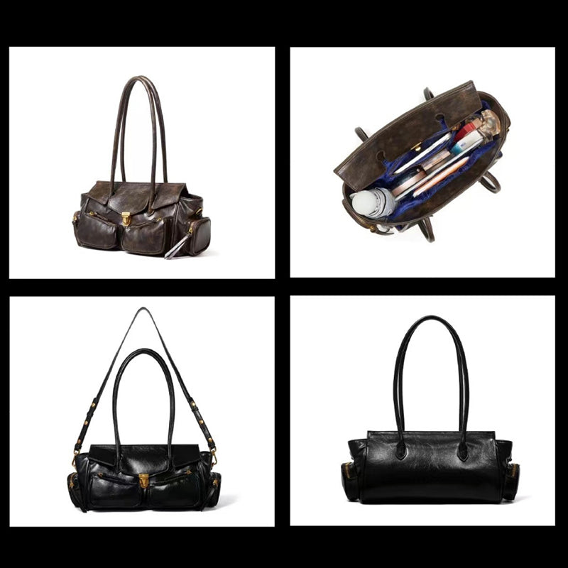 Vvsha Vintage Underarm Bag For Girl Versatile Handbag Multi-pocket Motorcycle Bag Luxury Designer Handbag Spaghetti Strap Leather Bag