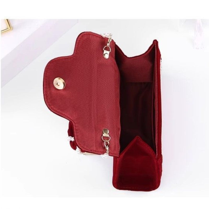 Vvsha Vintage Red Velvet Handbag Purse Women Wedding Pearl Handle Square Messenger Bag Female Casual Crossbody Bags 2025 New