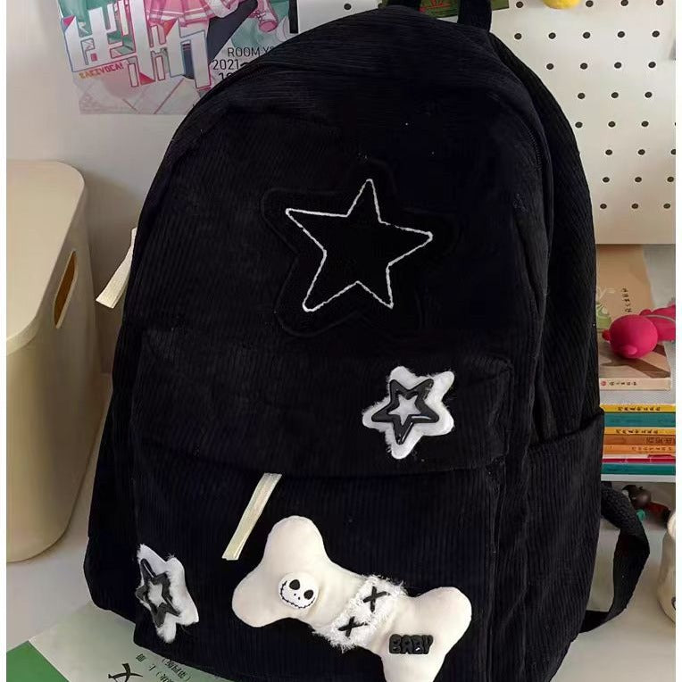Vvsha Teen Student Large Capacity School Bookbag Y2K Girls Star Pattern Laptop Backpack Corduroy Rucksack Double Strap Shoulder Bag