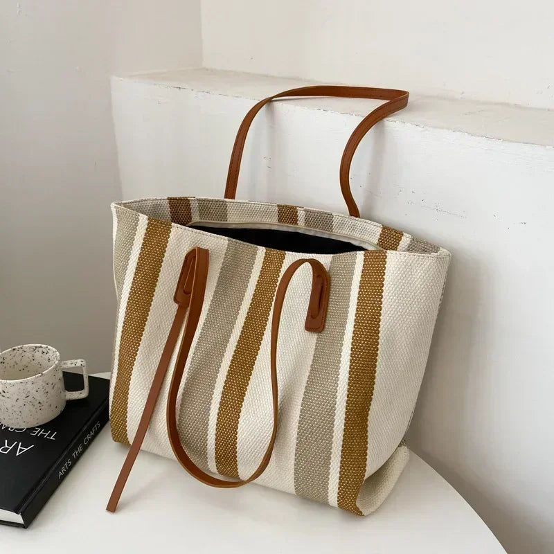 Vvsha Raffia Summer Bags for Woman 2025 Stripe Designer Shoulder Crossbody Shopper Storage Bag Women Casual Canvas Handbag Tote Bag
