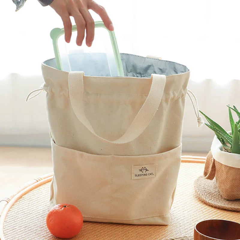 Vvsha Drawstring Canvas Insulated Lunch Bag Thicken Aluminium Foil Thermal Bento Box Tote Cooler Handbags Picnic Food Dinner Container