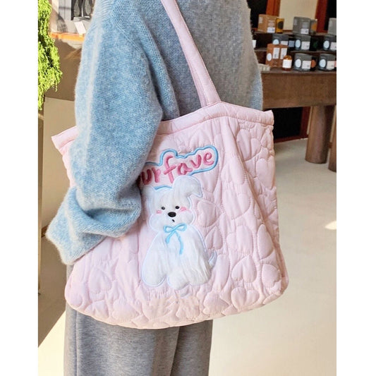 Vvsha Harajuku Pink Large Capacity Tote Bag Women Sweet Cute Puppy Embroidery Handbag Hot Girls Retro Shoulder Bags Aesthetic