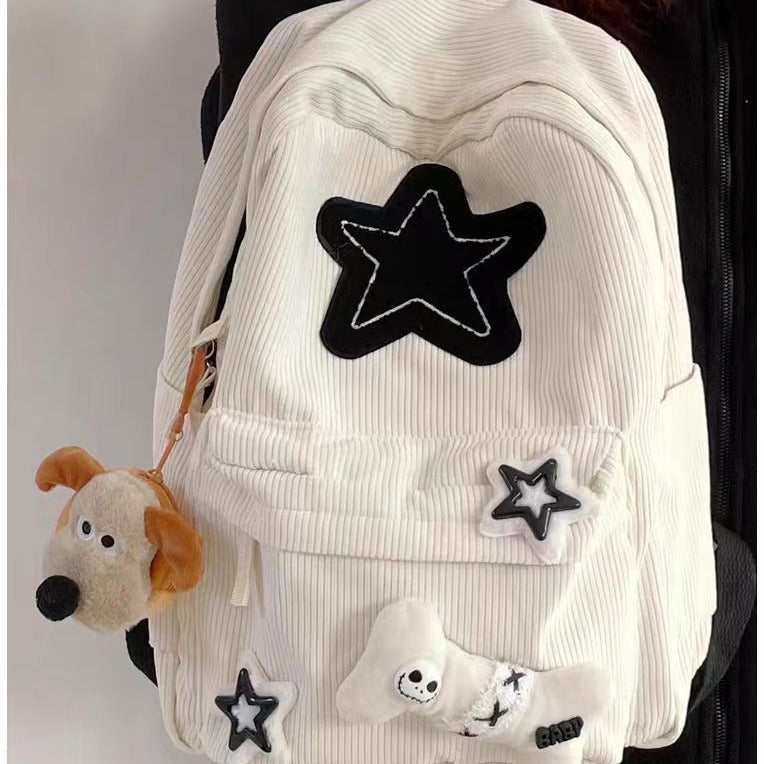 Vvsha Teen Student Large Capacity School Bookbag Y2K Girls Star Pattern Laptop Backpack  Corduroy Rucksack Double Strap Shoulder Bag