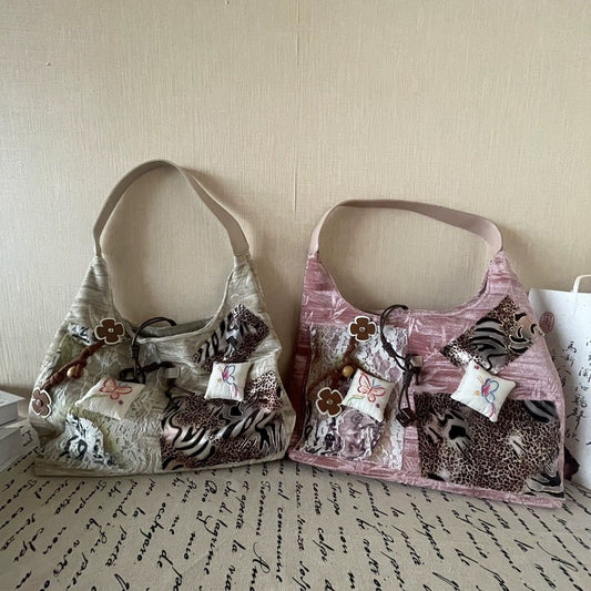 Vvsha Retro Fashion Patchwork Velvet Butterfly Leopard Print Handbag Shoulder Bags Large Capacity Storage Bag Women's Bag Purse