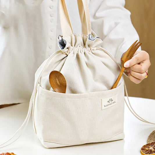 Vvsha Drawstring Canvas Insulated Lunch Bag Thicken Aluminium Foil Thermal Bento Box Tote Cooler Handbags Picnic Food Dinner Container