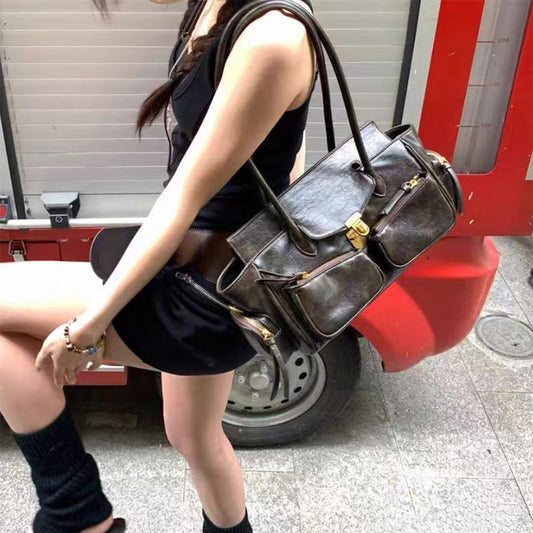 Vvsha Vintage Underarm Bag For Girl Versatile Handbag Multi-pocket Motorcycle Bag Luxury Designer Handbag Spaghetti Strap Leather Bag