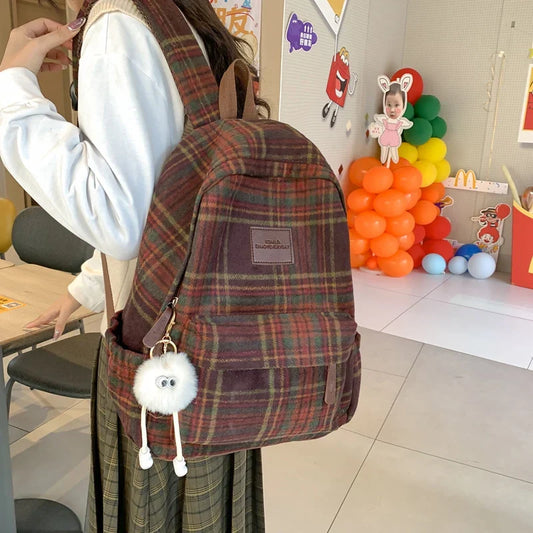 Vvsha 2025 Fashion Plaid Woollen Women Backpack Student Book Bag Backpack for Teenage Girls School Bags Large Capacity Travel Rucksack