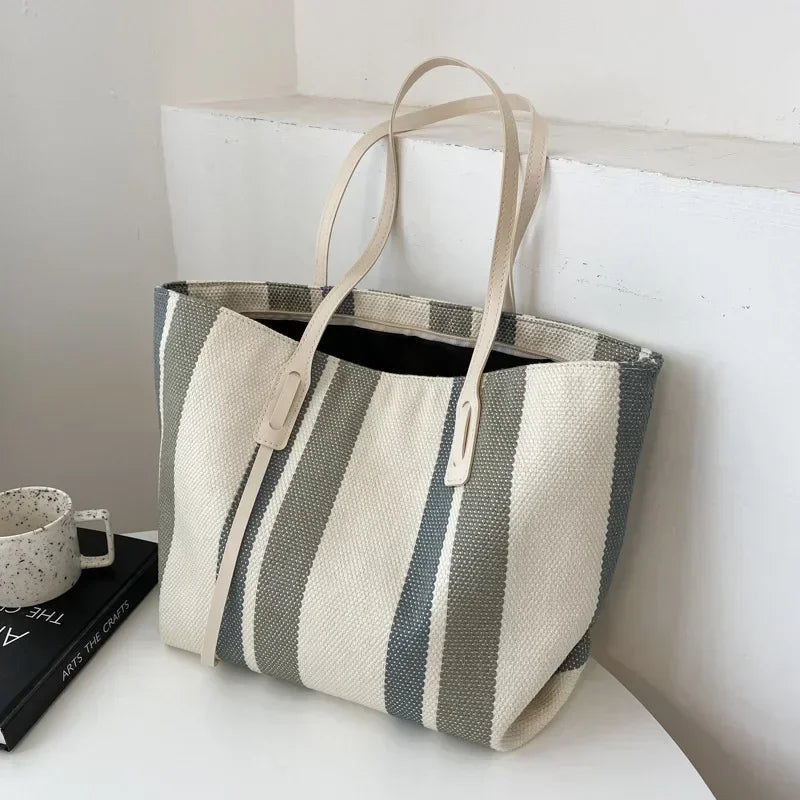 Vvsha Raffia Summer Bags for Woman 2025 Stripe Designer Shoulder Crossbody Shopper Storage Bag Women Casual Canvas Handbag Tote Bag