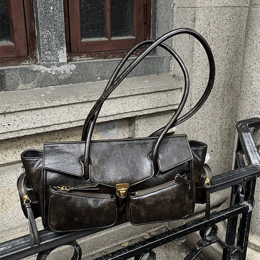 Vvsha Vintage Underarm Bag For Girl Versatile Handbag Multi-pocket Motorcycle Bag Luxury Designer Handbag Spaghetti Strap Leather Bag