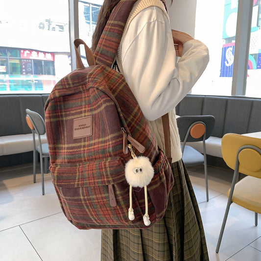 Vvsha 2025 Fashion Plaid Woollen Women Backpack Student Book Bag Backpack for Teenage Girls School Bags Large Capacity Travel Rucksack