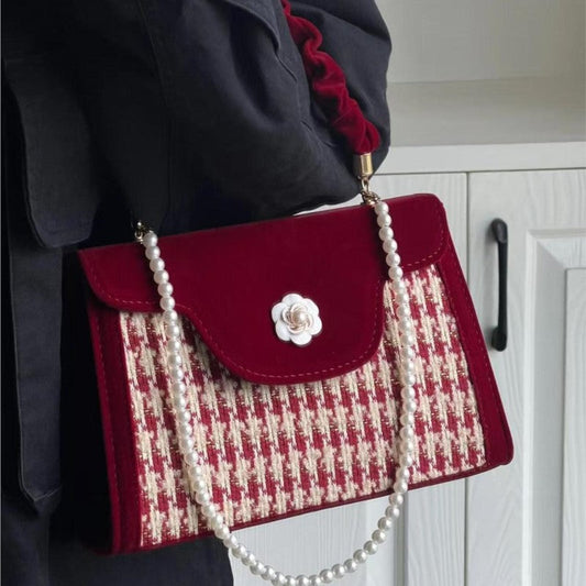 Vvsha Vintage Red Velvet Handbag Purse Women Wedding Pearl Handle Square Messenger Bag Female Casual Crossbody Bags 2025 New