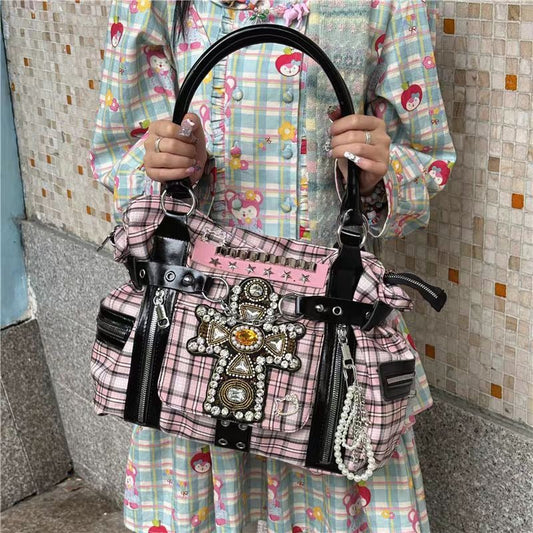 Vvsha MBTI Y2k Womens Tote Bag Aesthetic Plaid Fashion Punk Large Capacity Shoulder Bag Rivets Literary Original Harajuku New Handbag