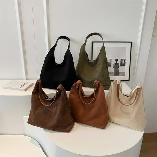 Vvsha Autumn and Winter Vintage Women's Bag Large Capacity Suede Shoulder Bag Solid Color Simple Casual Commuter Bag Retro Handbags