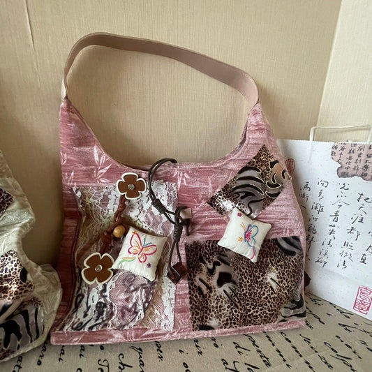 Vvsha Retro Fashion Patchwork Velvet Butterfly Leopard Print Handbag Shoulder Bags Large Capacity Storage Bag Women's Bag Purse