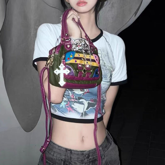 Vvsha Retro Vintage Japanese Y2k Babes Personalized Women's Bag Cute Kawaii Cat Soft Leather Handbag Handbag Side Bag for Ladies